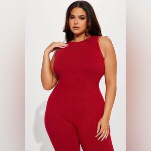 Serena Mineral Wash Rib Jumpsuit - Red